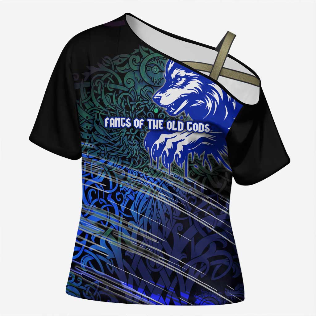 Fenrir Cross Shoulder Shirt with Blue Wolf, Runes and Ragnarok End of Gods Tribute - Wonder Print Shop
