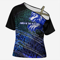 Fenrir Cross Shoulder Shirt with Blue Wolf, Runes and Ragnarok End of Gods Tribute - Wonder Print Shop