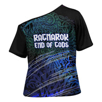 Fenrir Cross Shoulder Shirt with Blue Wolf, Runes and Ragnarok End of Gods Tribute - Wonder Print Shop