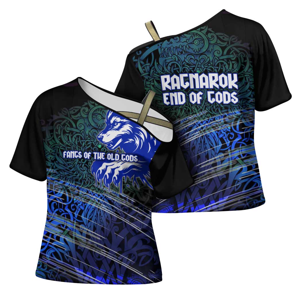 Fenrir Cross Shoulder Shirt with Blue Wolf, Runes and Ragnarok End of Gods Tribute - Wonder Print Shop
