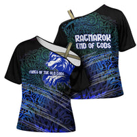 Fenrir Cross Shoulder Shirt with Blue Wolf, Runes and Ragnarok End of Gods Tribute - Wonder Print Shop