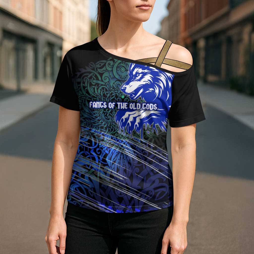 Fenrir Cross Shoulder Shirt with Blue Wolf, Runes and Ragnarok End of Gods Tribute - Wonder Print Shop