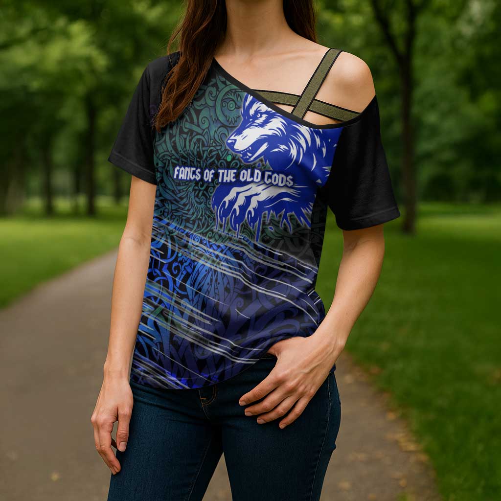 Fenrir Cross Shoulder Shirt with Blue Wolf, Runes and Ragnarok End of Gods Tribute - Wonder Print Shop