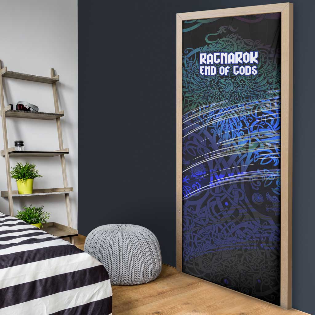 Fenrir Door Cover with Blue Wolf, Runes and Ragnarok End of Gods Tribute - Wonder Print Shop