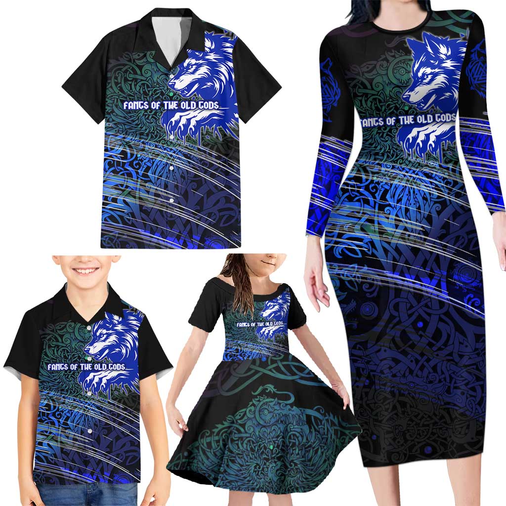 Fenrir Family Matching Long Sleeve Bodycon Dress and Hawaiian Shirt with Blue Wolf, Runes and Ragnarok End of Gods Tribute - Wonder Print Shop