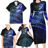 Fenrir Family Matching Long Sleeve Bodycon Dress and Hawaiian Shirt with Blue Wolf, Runes and Ragnarok End of Gods Tribute - Wonder Print Shop