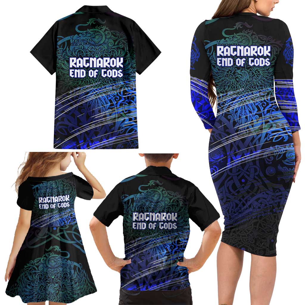 Fenrir Family Matching Long Sleeve Bodycon Dress and Hawaiian Shirt with Blue Wolf, Runes and Ragnarok End of Gods Tribute - Wonder Print Shop