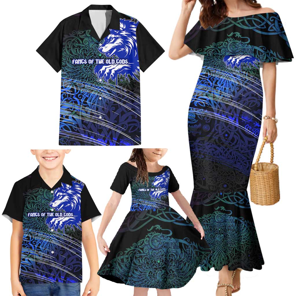 Fenrir Family Matching Mermaid Dress and Hawaiian Shirt with Blue Wolf, Runes and Ragnarok End of Gods Tribute - Wonder Print Shop