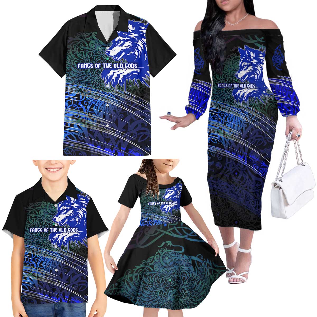 Fenrir Family Matching Off The Shoulder Long Sleeve Dress and Hawaiian Shirt with Blue Wolf, Runes and Ragnarok End of Gods Tribute - Wonder Print Shop