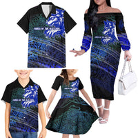 Fenrir Family Matching Off The Shoulder Long Sleeve Dress and Hawaiian Shirt with Blue Wolf, Runes and Ragnarok End of Gods Tribute - Wonder Print Shop