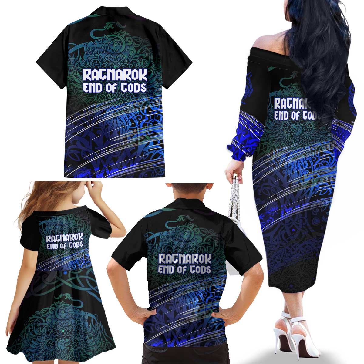 Fenrir Family Matching Off The Shoulder Long Sleeve Dress and Hawaiian Shirt with Blue Wolf, Runes and Ragnarok End of Gods Tribute - Wonder Print Shop