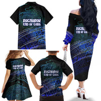 Fenrir Family Matching Off The Shoulder Long Sleeve Dress and Hawaiian Shirt with Blue Wolf, Runes and Ragnarok End of Gods Tribute - Wonder Print Shop