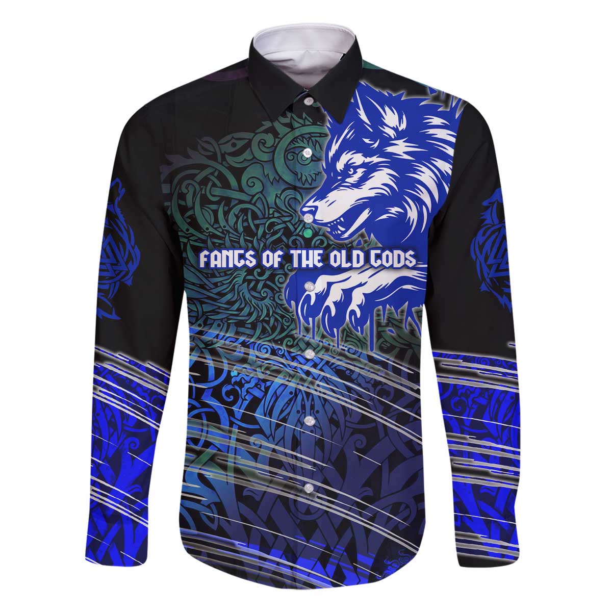 Fenrir Family Matching Off The Shoulder Long Sleeve Dress and Hawaiian Shirt with Blue Wolf, Runes and Ragnarok End of Gods Tribute - Wonder Print Shop
