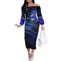 Fenrir Family Matching Off The Shoulder Long Sleeve Dress and Hawaiian Shirt with Blue Wolf, Runes and Ragnarok End of Gods Tribute - Wonder Print Shop