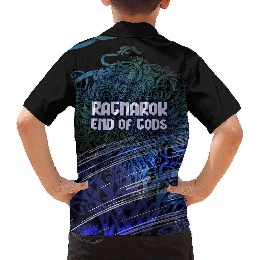 Fenrir Family Matching Off Shoulder Maxi Dress and Hawaiian Shirt with Blue Wolf, Runes and Ragnarok End of Gods Tribute - Wonder Print Shop