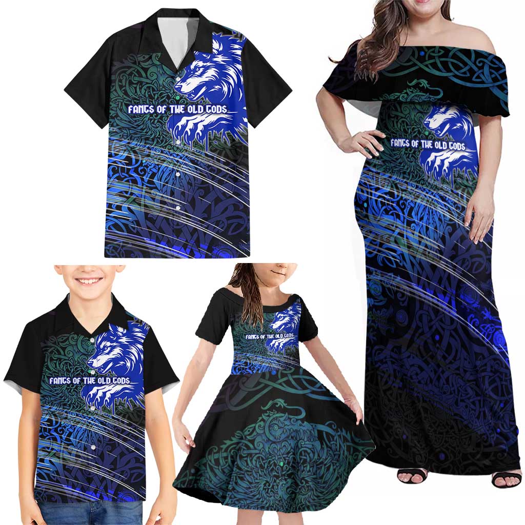 Fenrir Family Matching Off Shoulder Maxi Dress and Hawaiian Shirt with Blue Wolf, Runes and Ragnarok End of Gods Tribute - Wonder Print Shop