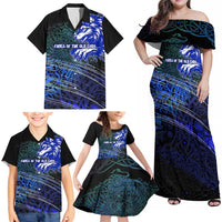 Fenrir Family Matching Off Shoulder Maxi Dress and Hawaiian Shirt with Blue Wolf, Runes and Ragnarok End of Gods Tribute - Wonder Print Shop