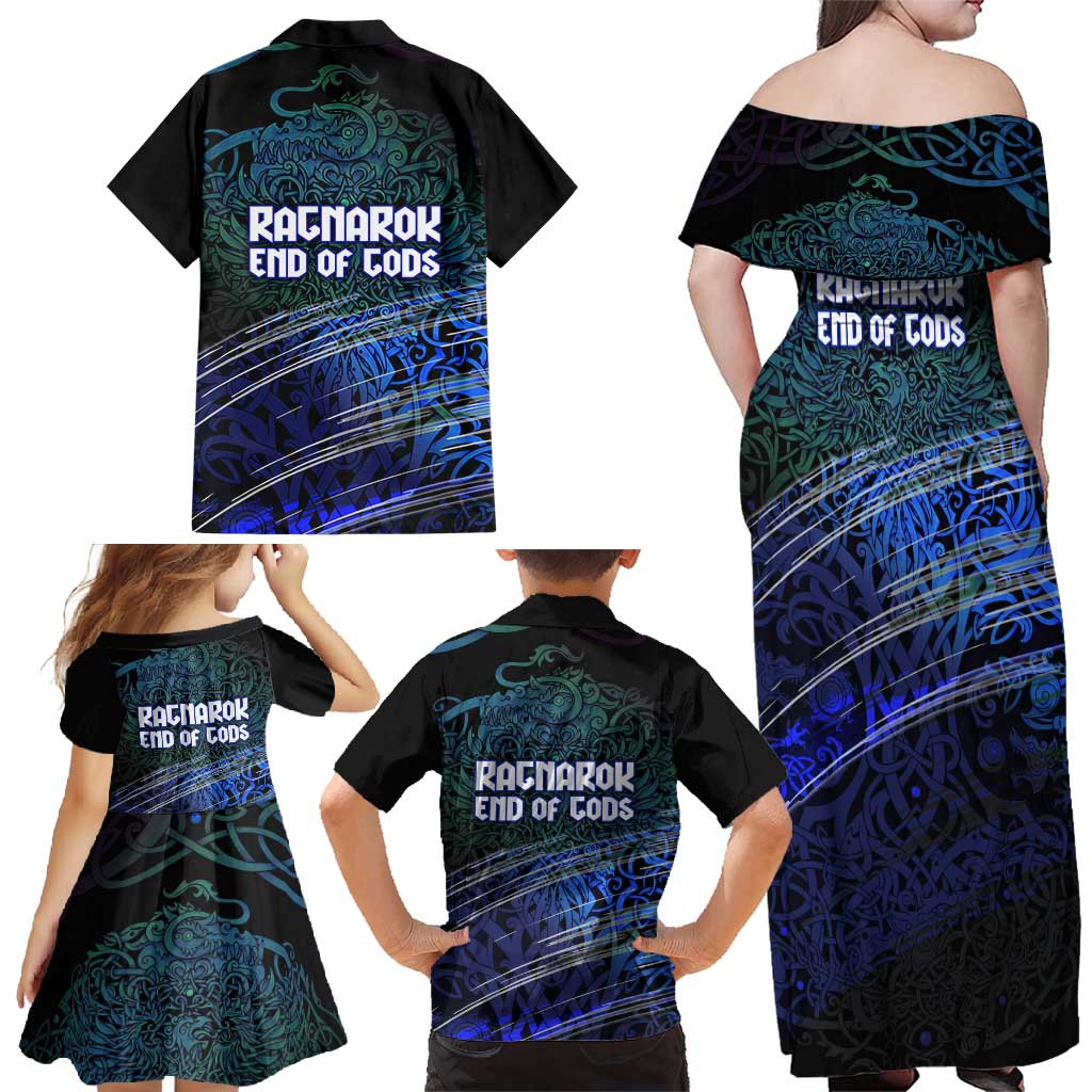Fenrir Family Matching Off Shoulder Maxi Dress and Hawaiian Shirt with Blue Wolf, Runes and Ragnarok End of Gods Tribute - Wonder Print Shop