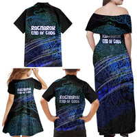 Fenrir Family Matching Off Shoulder Maxi Dress and Hawaiian Shirt with Blue Wolf, Runes and Ragnarok End of Gods Tribute - Wonder Print Shop