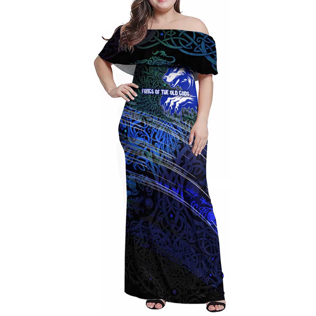 Fenrir Family Matching Off Shoulder Maxi Dress and Hawaiian Shirt with Blue Wolf, Runes and Ragnarok End of Gods Tribute - Wonder Print Shop