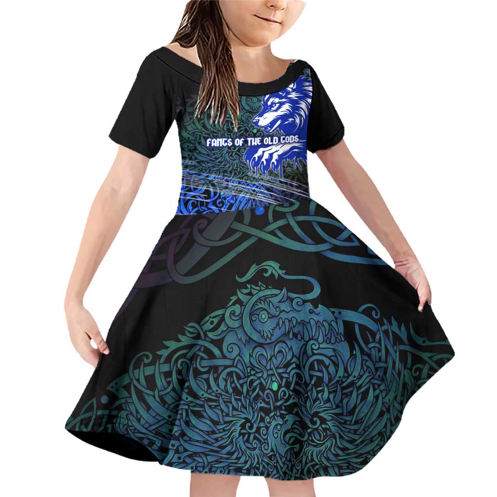 Fenrir Family Matching Off Shoulder Short Dress and Hawaiian Shirt with Blue Wolf, Runes and Ragnarok End of Gods Tribute - Wonder Print Shop