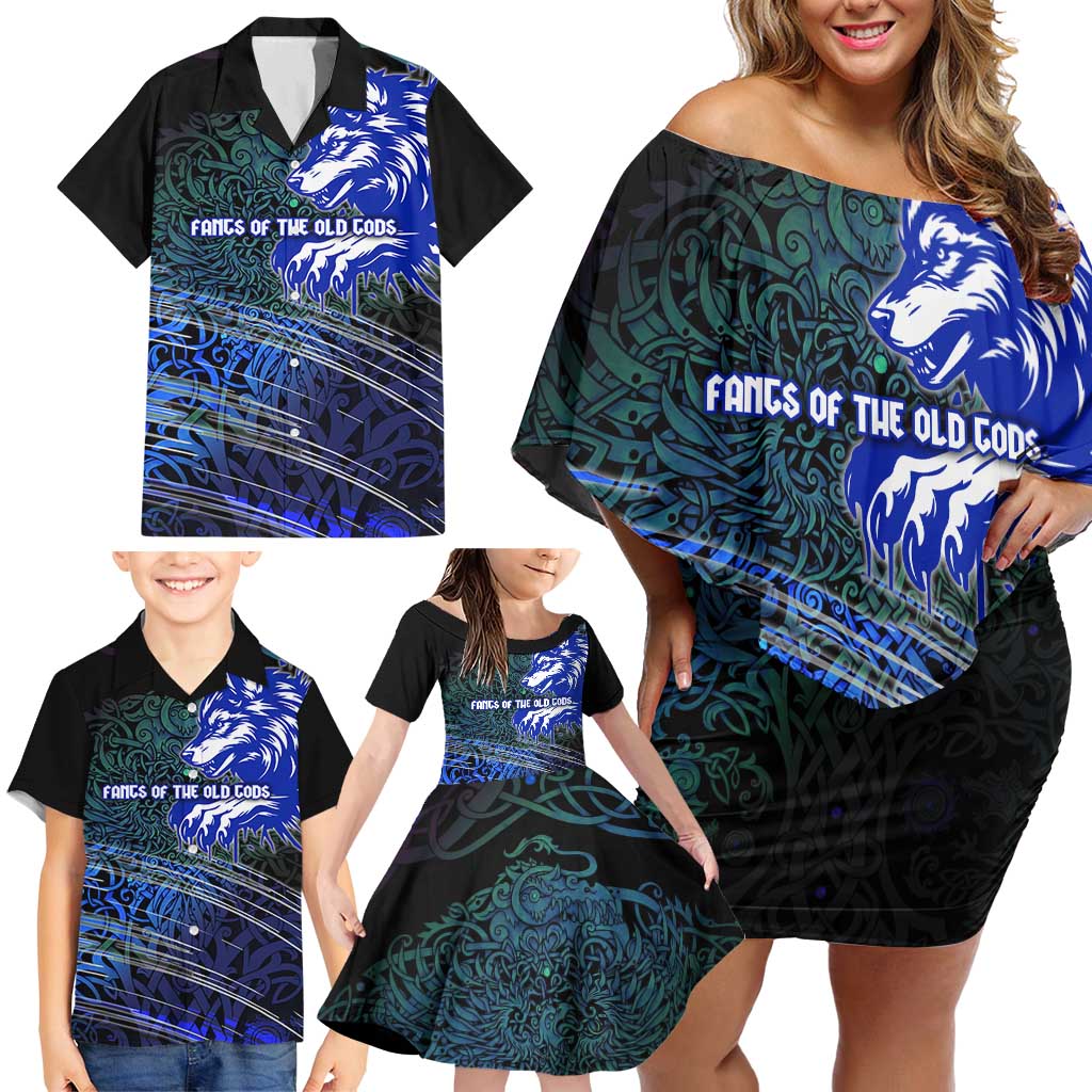 Fenrir Family Matching Off Shoulder Short Dress and Hawaiian Shirt with Blue Wolf, Runes and Ragnarok End of Gods Tribute - Wonder Print Shop