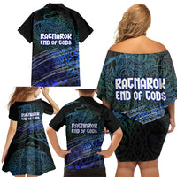 Fenrir Family Matching Off Shoulder Short Dress and Hawaiian Shirt with Blue Wolf, Runes and Ragnarok End of Gods Tribute - Wonder Print Shop