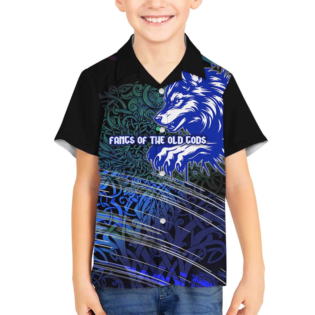 Fenrir Family Matching Off Shoulder Short Dress and Hawaiian Shirt with Blue Wolf, Runes and Ragnarok End of Gods Tribute - Wonder Print Shop