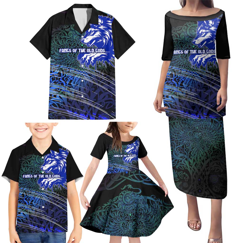 Fenrir Family Matching Puletasi and Hawaiian Shirt with Blue Wolf, Runes and Ragnarok End of Gods Tribute - Wonder Print Shop