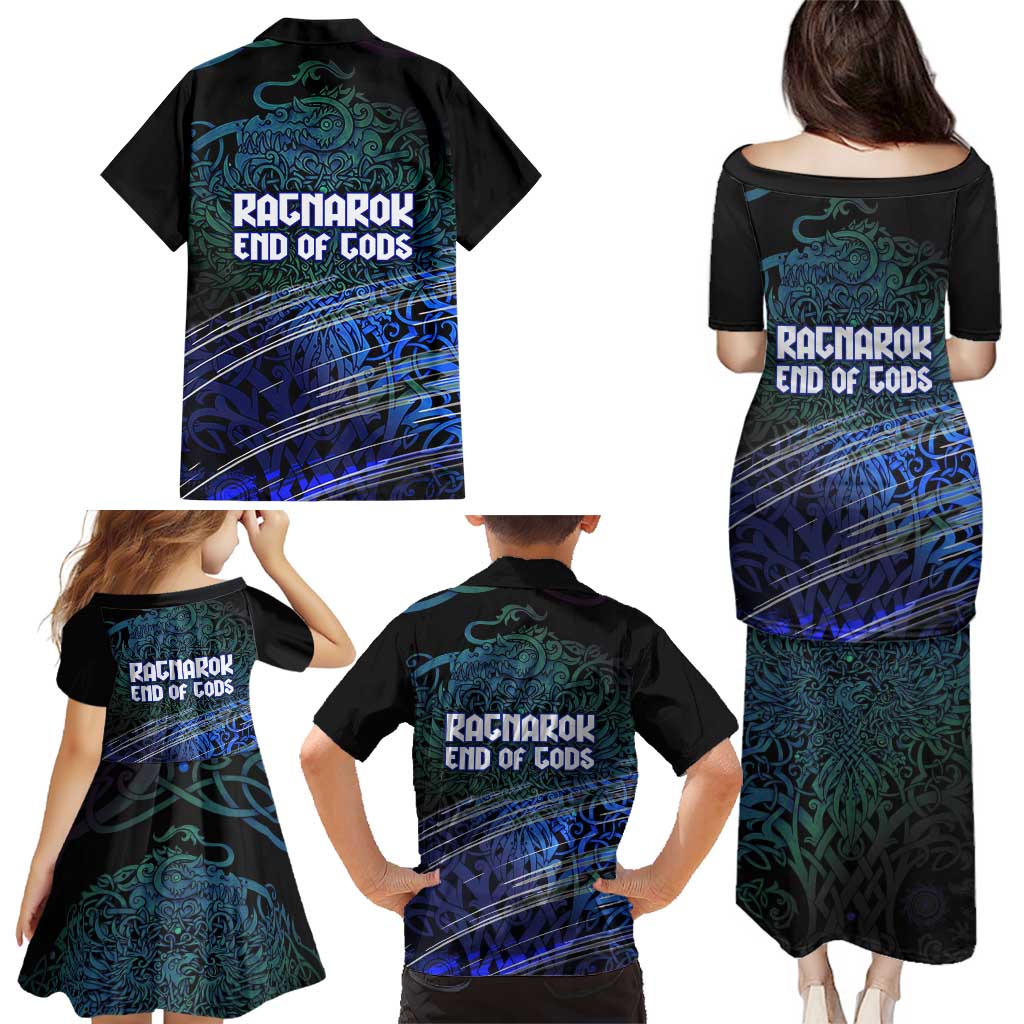 Fenrir Family Matching Puletasi and Hawaiian Shirt with Blue Wolf, Runes and Ragnarok End of Gods Tribute - Wonder Print Shop