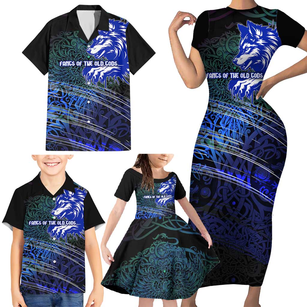 Fenrir Family Matching Short Sleeve Bodycon Dress and Hawaiian Shirt with Blue Wolf, Runes and Ragnarok End of Gods Tribute - Wonder Print Shop