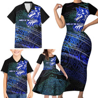 Fenrir Family Matching Short Sleeve Bodycon Dress and Hawaiian Shirt with Blue Wolf, Runes and Ragnarok End of Gods Tribute - Wonder Print Shop