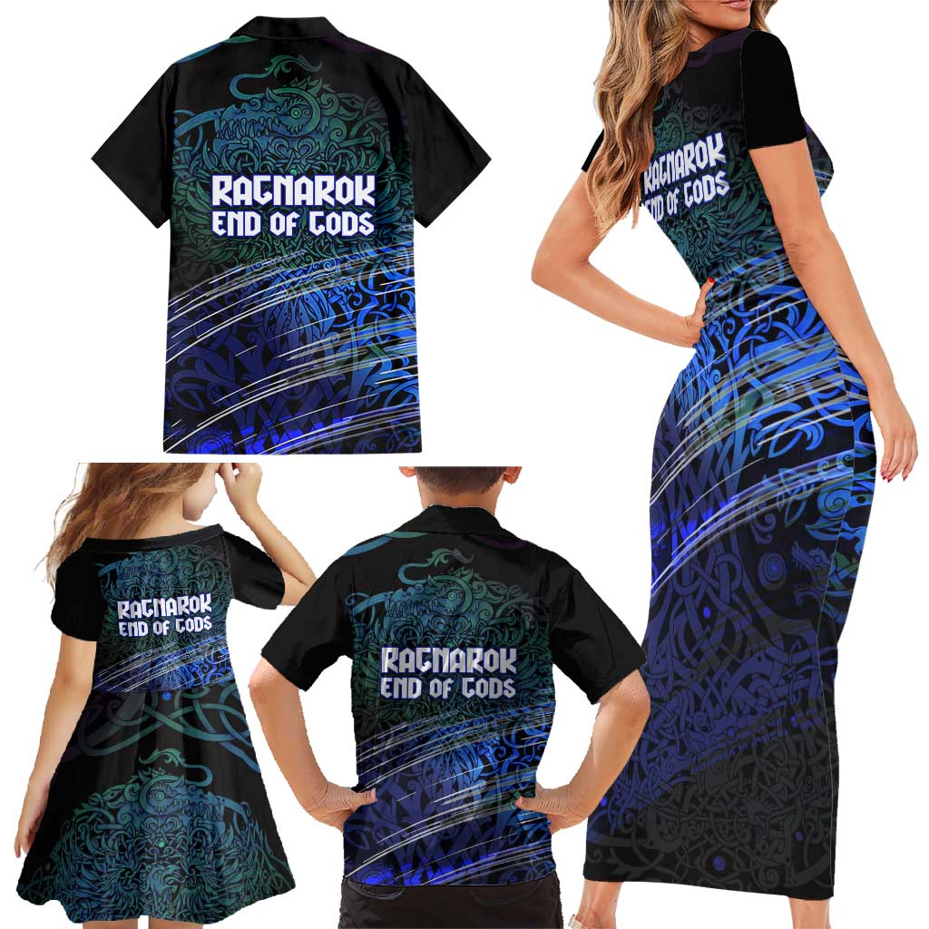 Fenrir Family Matching Short Sleeve Bodycon Dress and Hawaiian Shirt with Blue Wolf, Runes and Ragnarok End of Gods Tribute - Wonder Print Shop