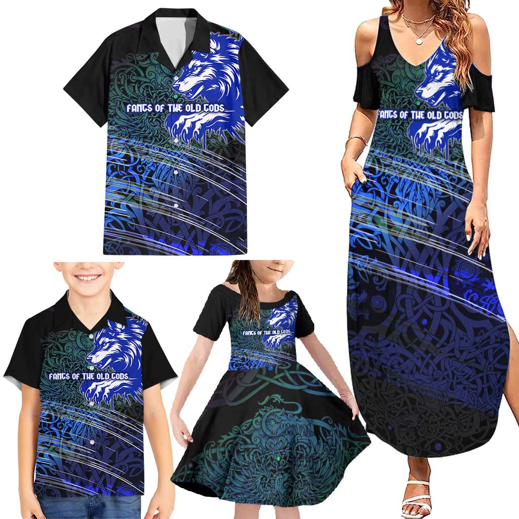 Fenrir Family Matching Summer Maxi Dress and Hawaiian Shirt with Blue Wolf, Runes and Ragnarok End of Gods Tribute - Wonder Print Shop