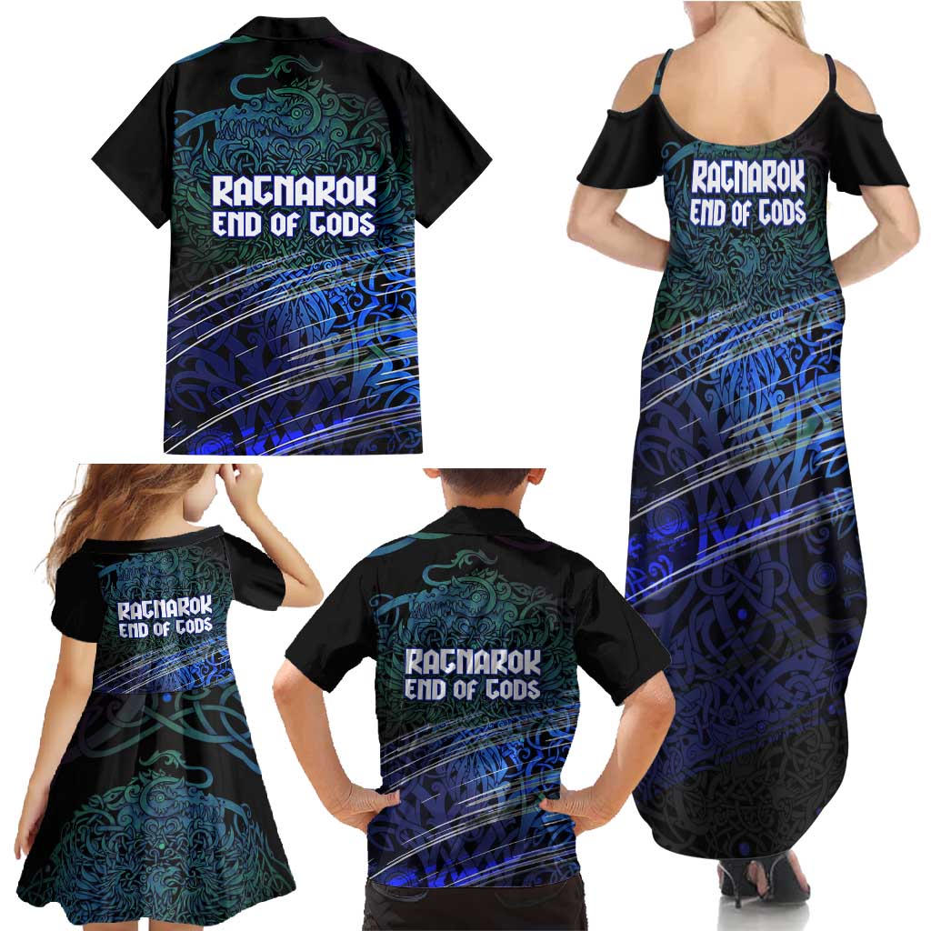 Fenrir Family Matching Summer Maxi Dress and Hawaiian Shirt with Blue Wolf, Runes and Ragnarok End of Gods Tribute - Wonder Print Shop