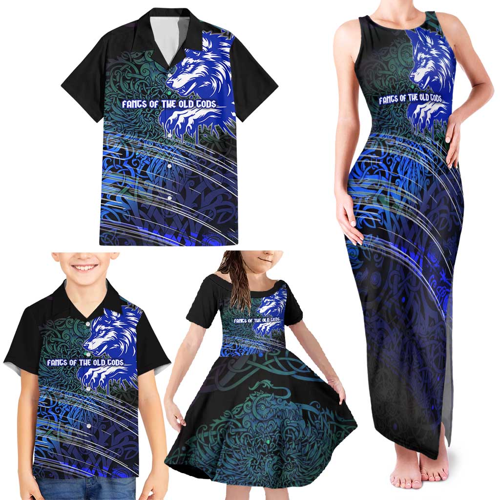 Fenrir Family Matching Tank Maxi Dress and Hawaiian Shirt with Blue Wolf, Runes and Ragnarok End of Gods Tribute - Wonder Print Shop