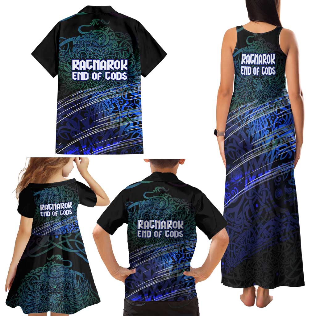 Fenrir Family Matching Tank Maxi Dress and Hawaiian Shirt with Blue Wolf, Runes and Ragnarok End of Gods Tribute - Wonder Print Shop