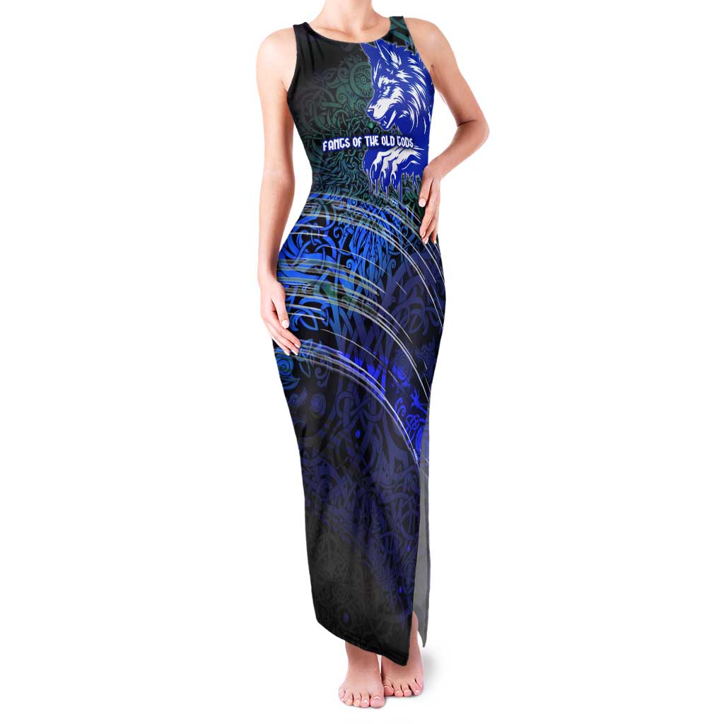 Fenrir Family Matching Tank Maxi Dress and Hawaiian Shirt with Blue Wolf, Runes and Ragnarok End of Gods Tribute - Wonder Print Shop