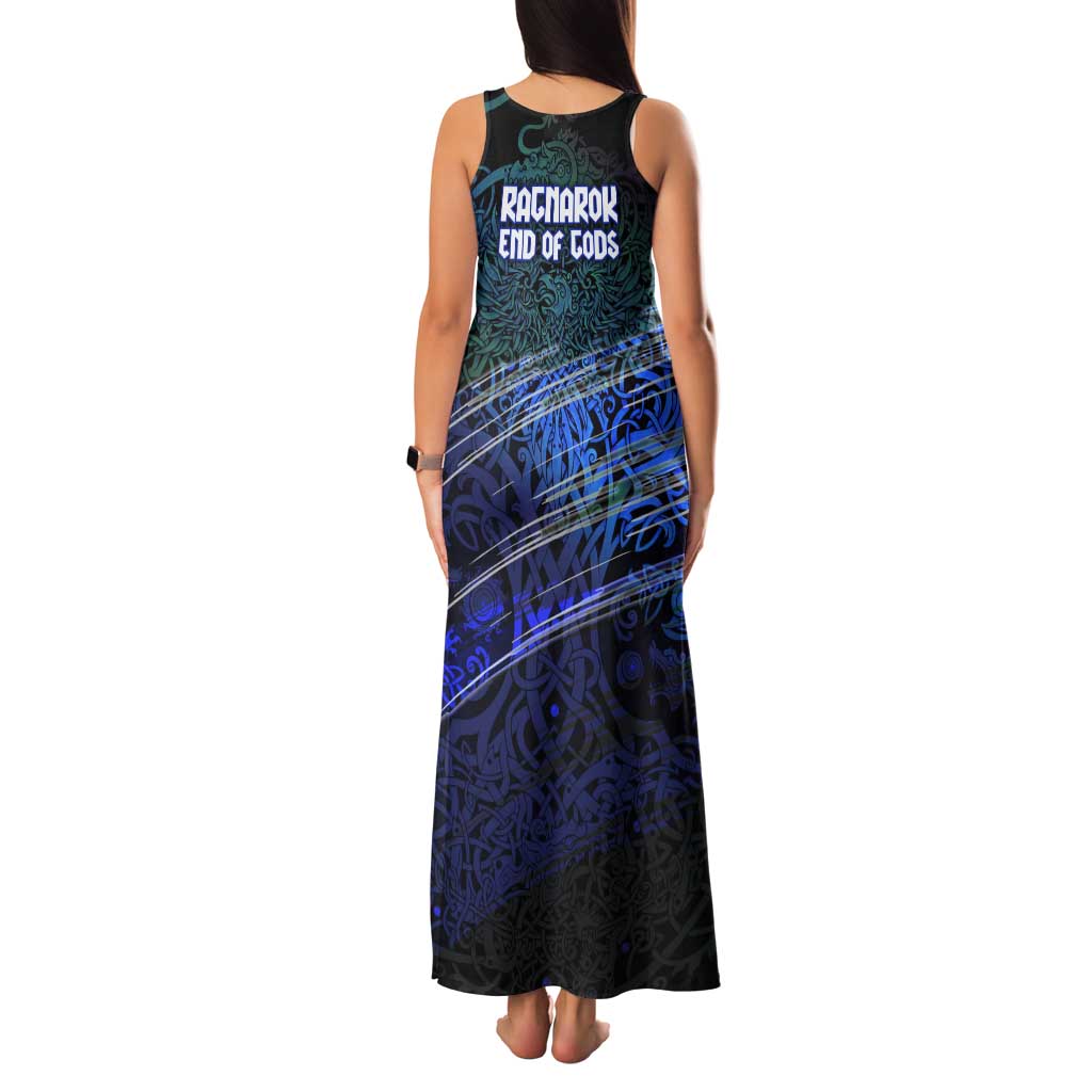Fenrir Family Matching Tank Maxi Dress and Hawaiian Shirt with Blue Wolf, Runes and Ragnarok End of Gods Tribute - Wonder Print Shop