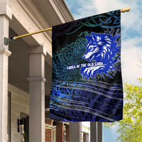 Fenrir Garden Flag with Blue Wolf, Runes and Ragnarok End of Gods Tribute - Wonder Print Shop