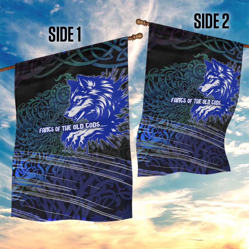 Fenrir Garden Flag with Blue Wolf, Runes and Ragnarok End of Gods Tribute - Wonder Print Shop