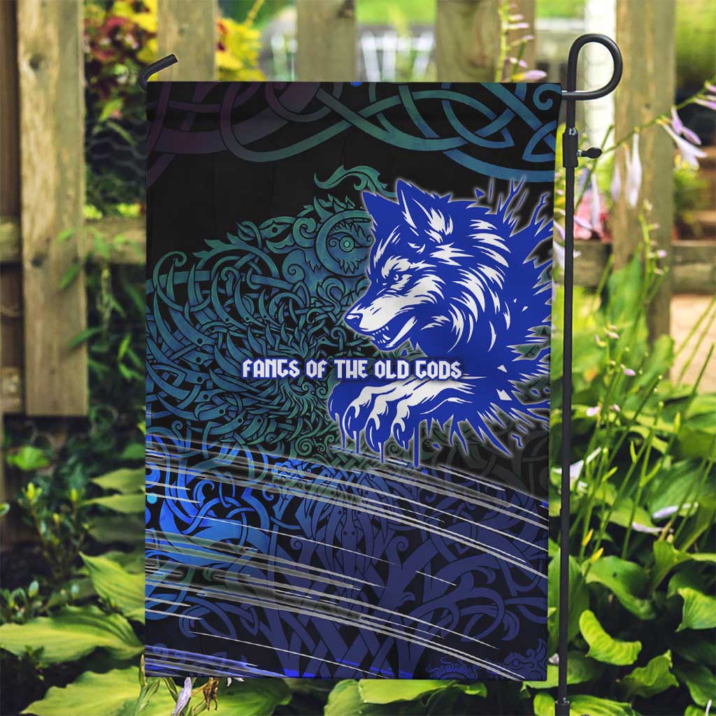 Fenrir Garden Flag with Blue Wolf, Runes and Ragnarok End of Gods Tribute - Wonder Print Shop