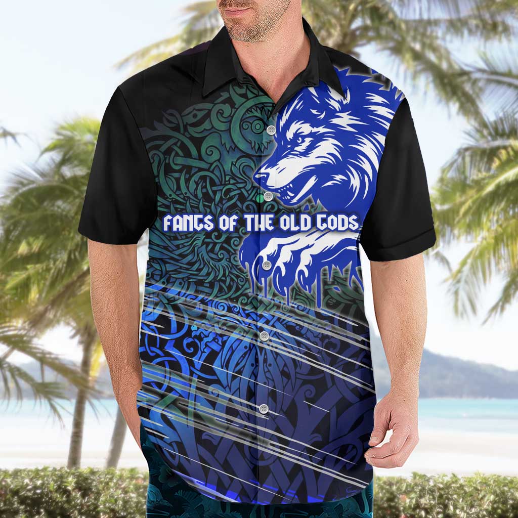 Fenrir Hawaiian Shirt with Blue Wolf, Runes and Ragnarok End of Gods Tribute - Wonder Print Shop