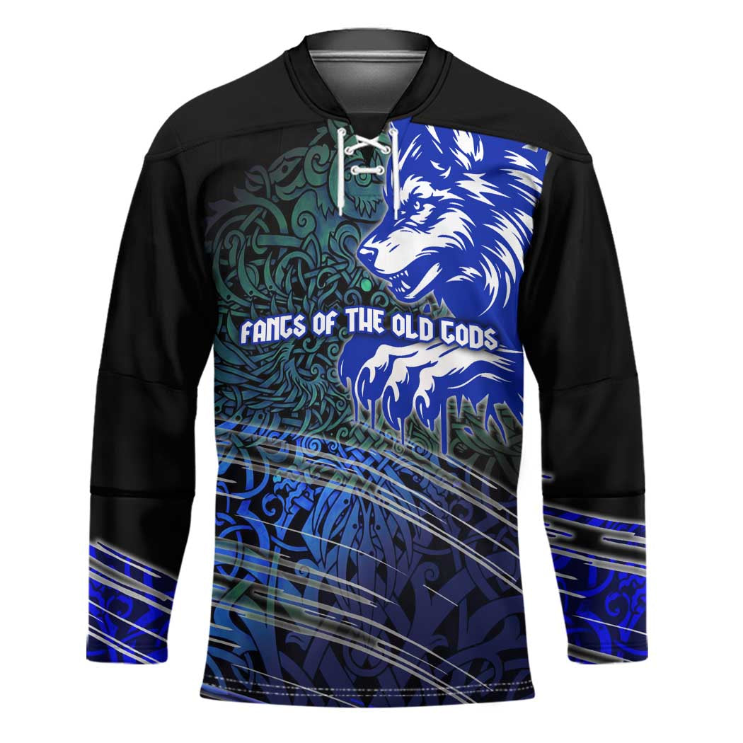 Fenrir Hockey Jersey with Blue Wolf, Runes and Ragnarok End of Gods Tribute - Wonder Print Shop