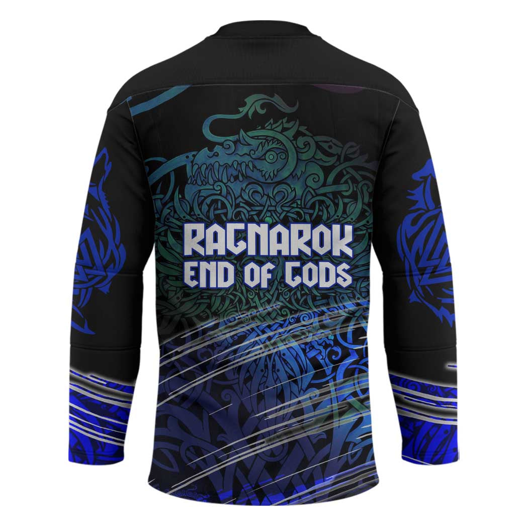 Fenrir Hockey Jersey with Blue Wolf, Runes and Ragnarok End of Gods Tribute - Wonder Print Shop