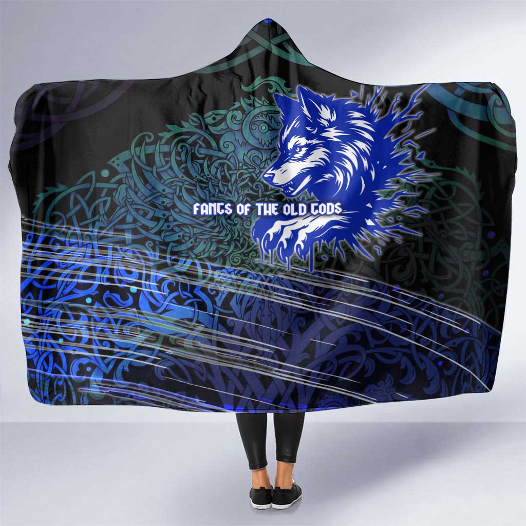 Fenrir Hooded Blanket with Blue Wolf, Runes and Ragnarok End of Gods Tribute - Wonder Print Shop