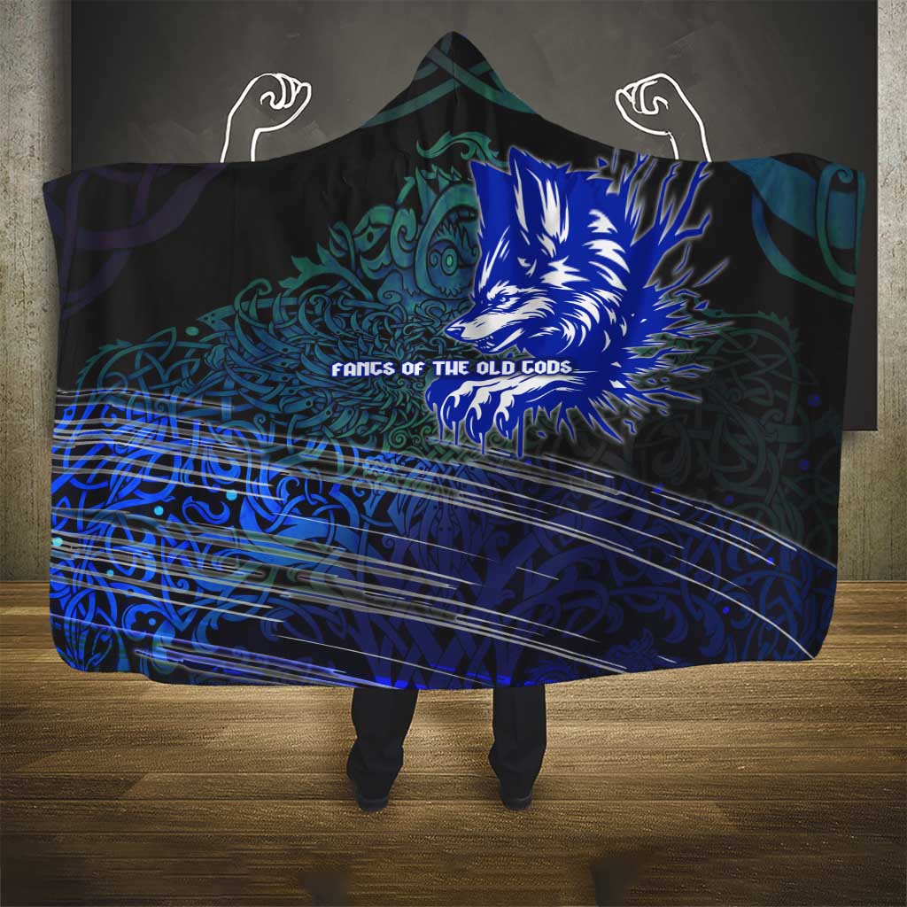 Fenrir Hooded Blanket with Blue Wolf, Runes and Ragnarok End of Gods Tribute - Wonder Print Shop