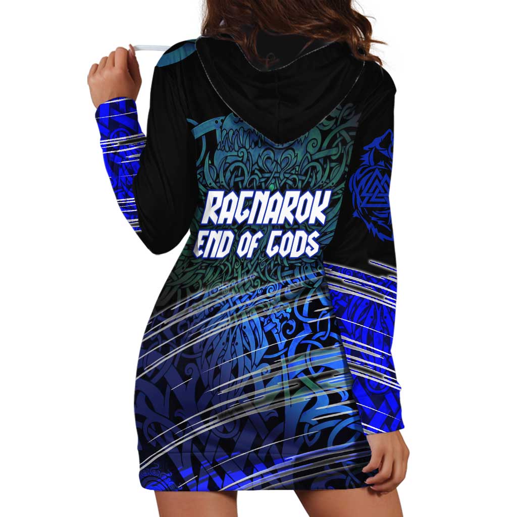 Fenrir Hoodie Dress with Blue Wolf, Runes and Ragnarok End of Gods Tribute - Wonder Print Shop
