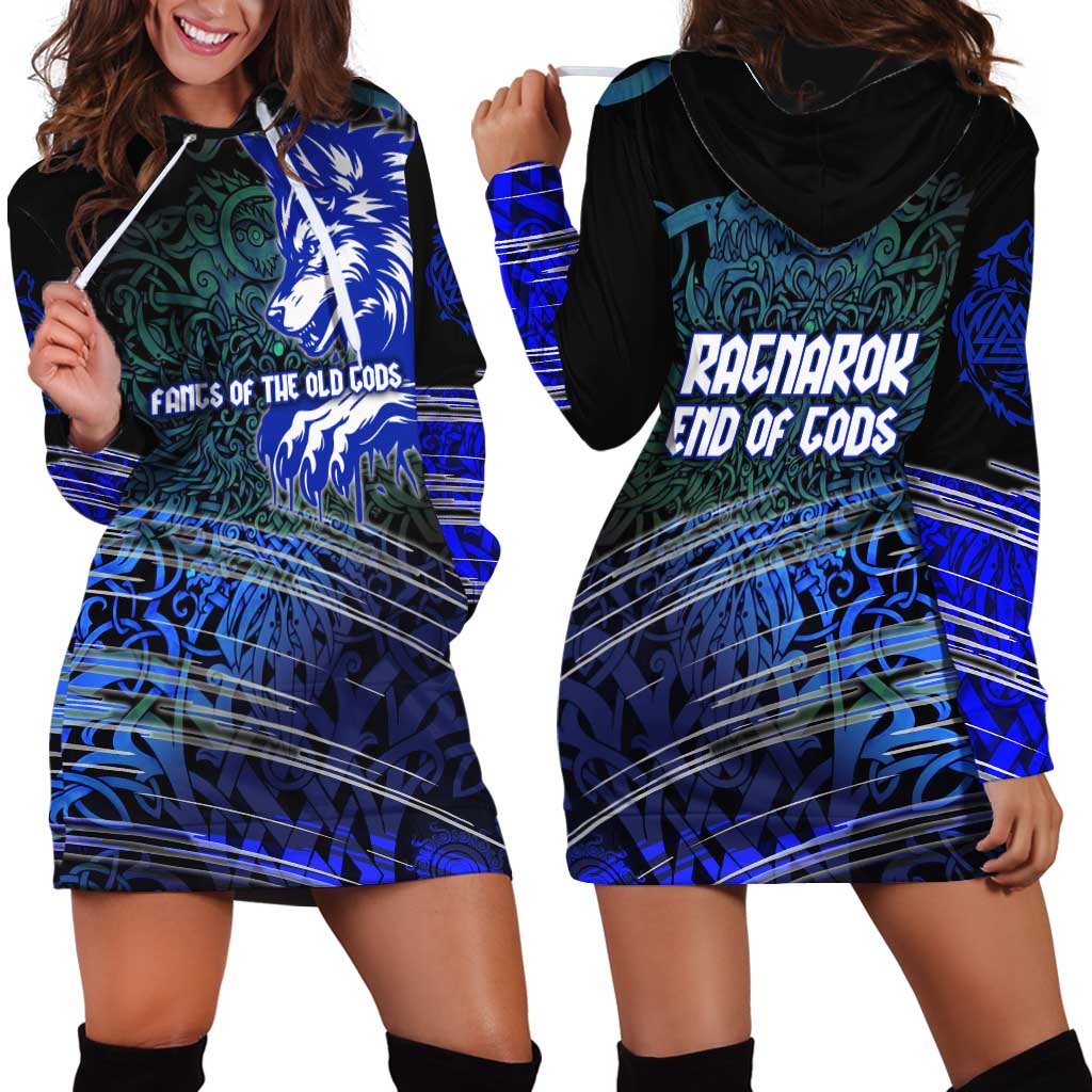 Fenrir Hoodie Dress with Blue Wolf, Runes and Ragnarok End of Gods Tribute - Wonder Print Shop
