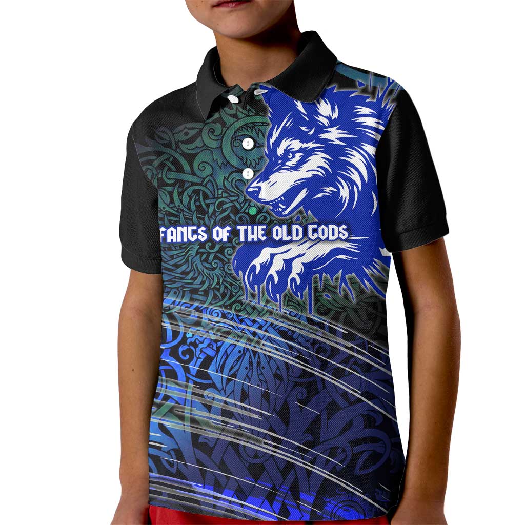 Fenrir Kid Polo Shirt with Blue Wolf, Runes and Ragnarok End of Gods Tribute - Wonder Print Shop